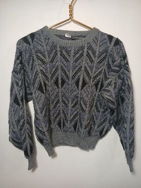 Peter England Gray, Black & Purple Geometric Sweater 35% Wool, Made In Italy